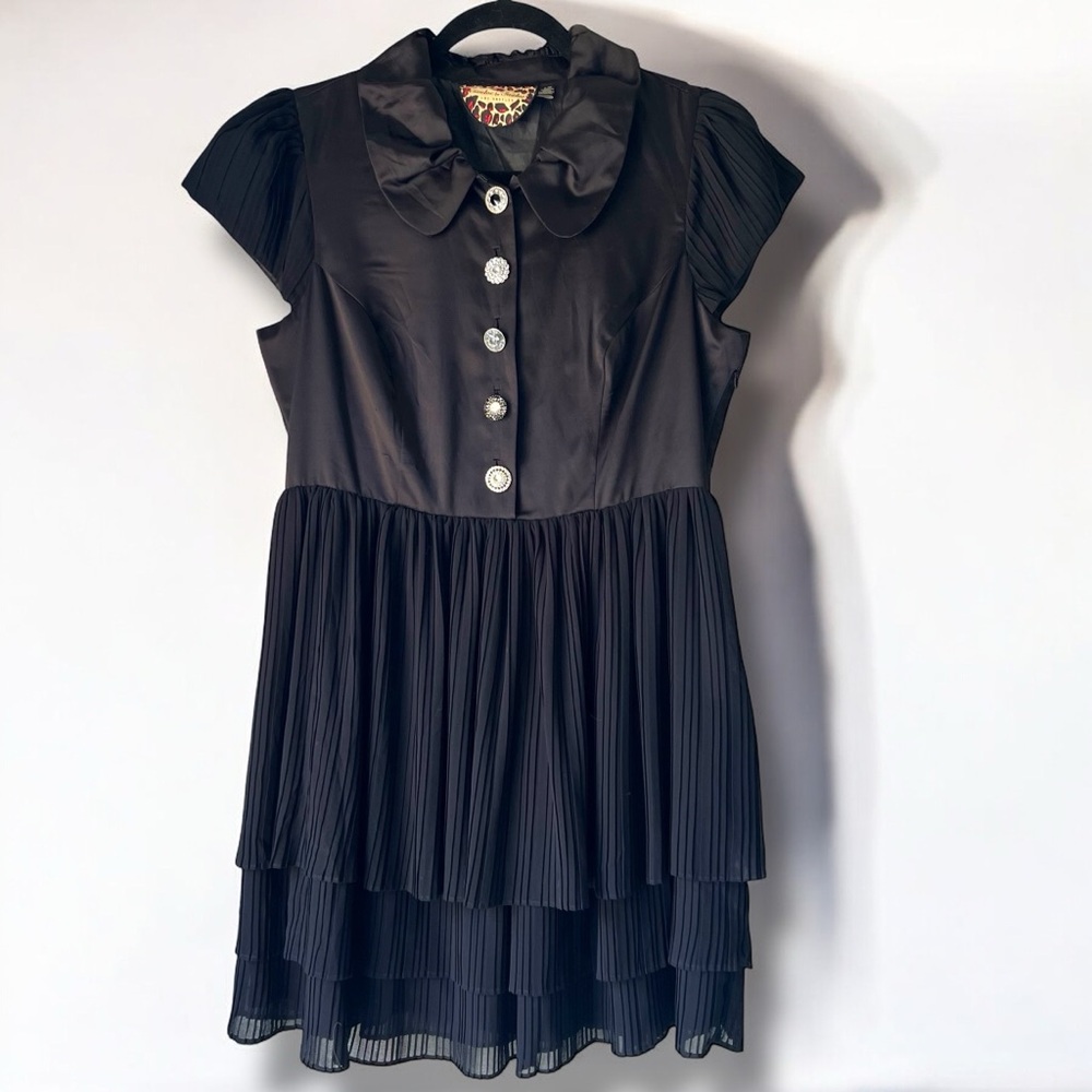 Black Pleated Mini Dress with Puff Sleeves & Statement Buttons, Lined Skirt